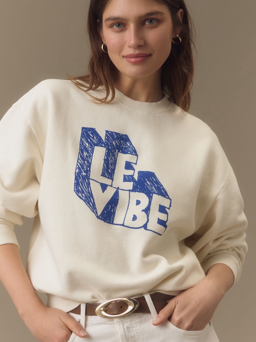 NWT! Clare V Cream Sweatshirt with Blue 'LE VIBE' Graphic